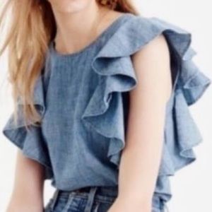 J. Crew Tall chambray, ruffle shoulder lightweight cotton top